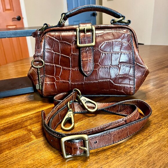 Vintage Fossil VRV Brown Leather Croc Embossed Handbag Crossbody Purse - Picture 9 of 10